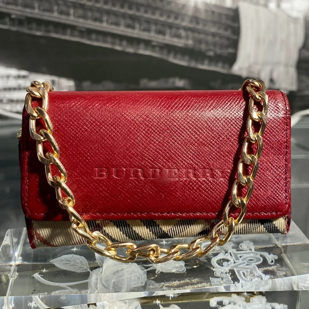 Authentic Rare Burberry Red Leather Nova Check Key Case